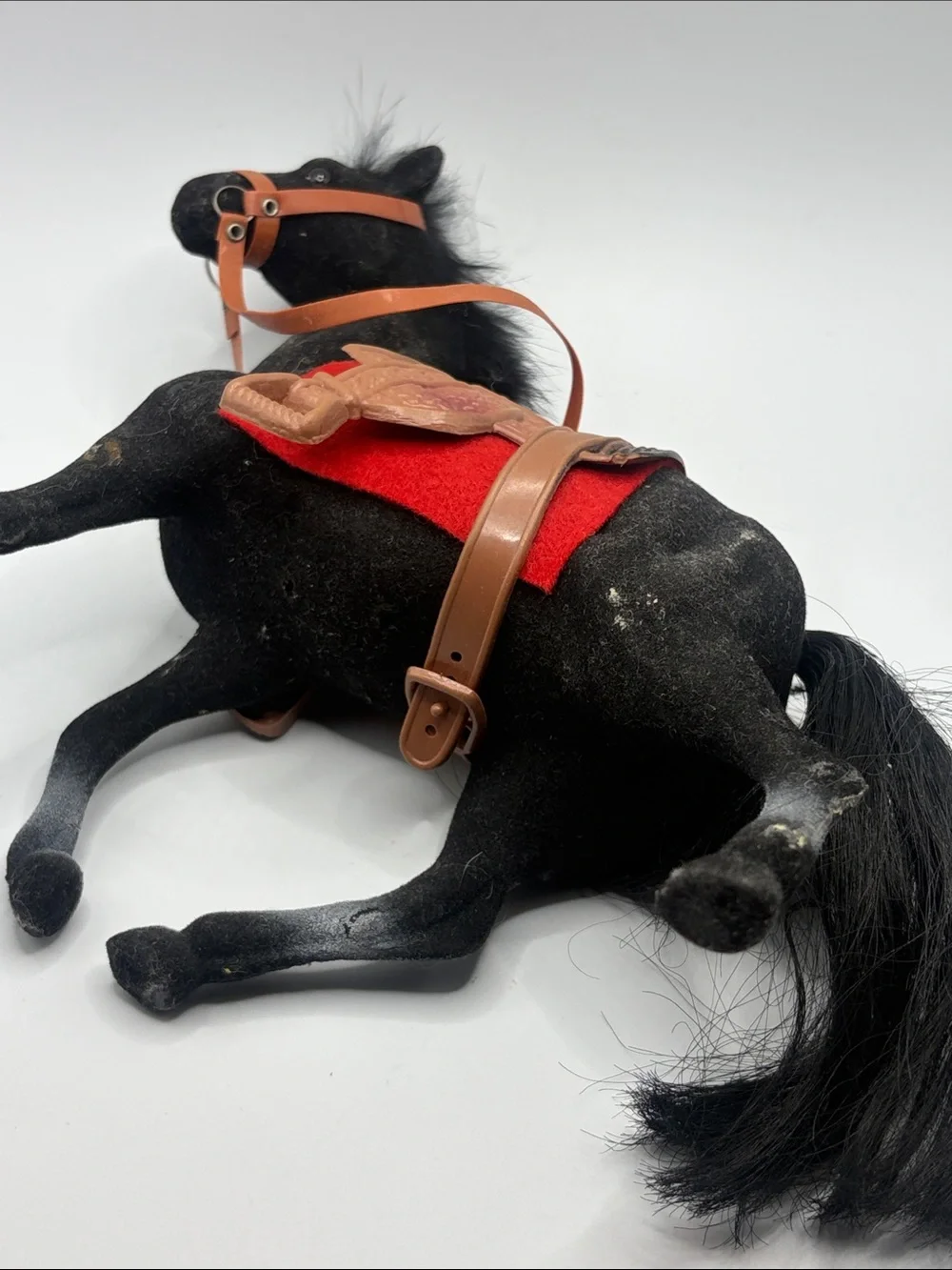 Vintage Flocked Black Stallion Horse Saddle Western Equestrian Figure Model Toy